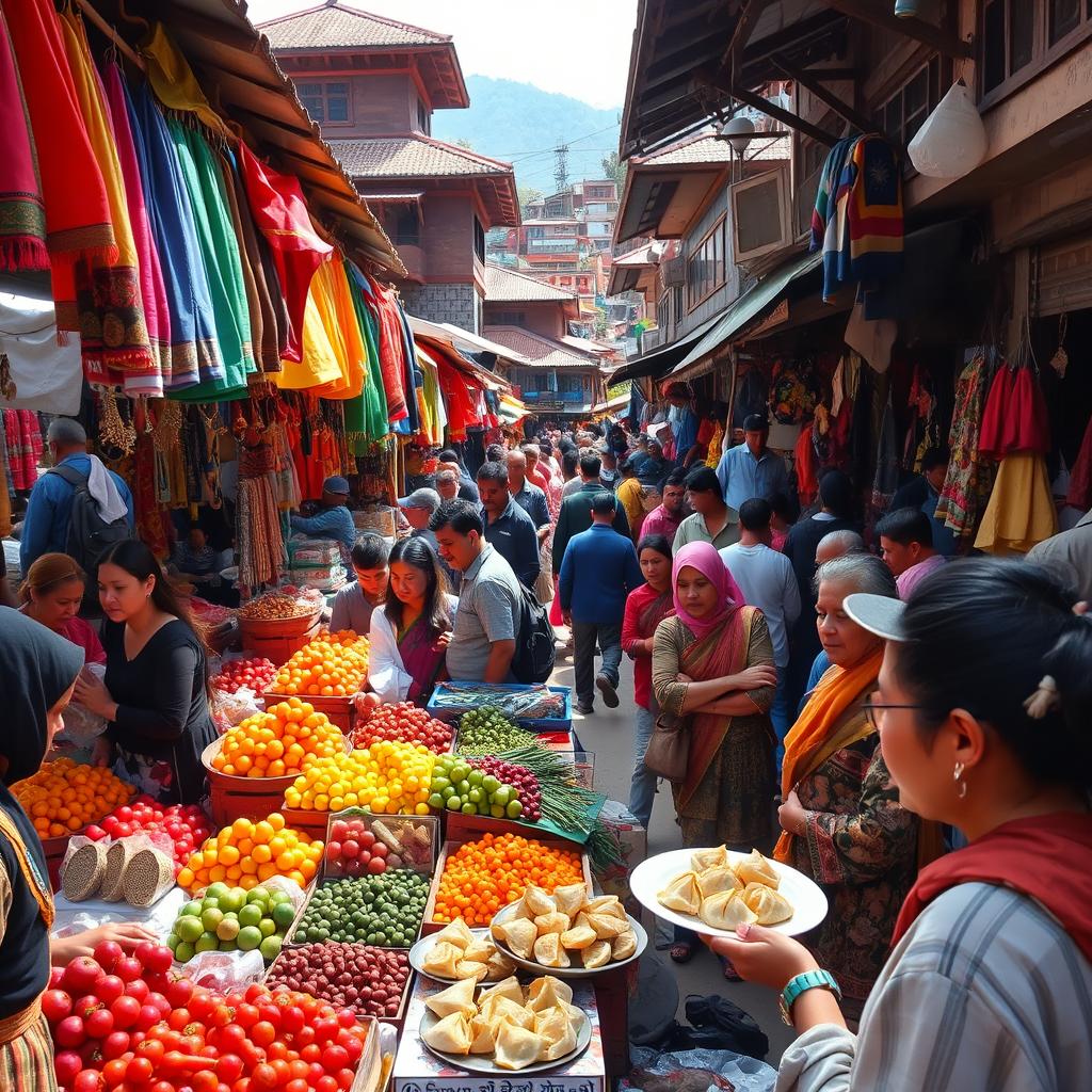 A bustling Nepali marketplace overflowing with vibrant stalls selling fresh fruits, vegetables, and local crafts