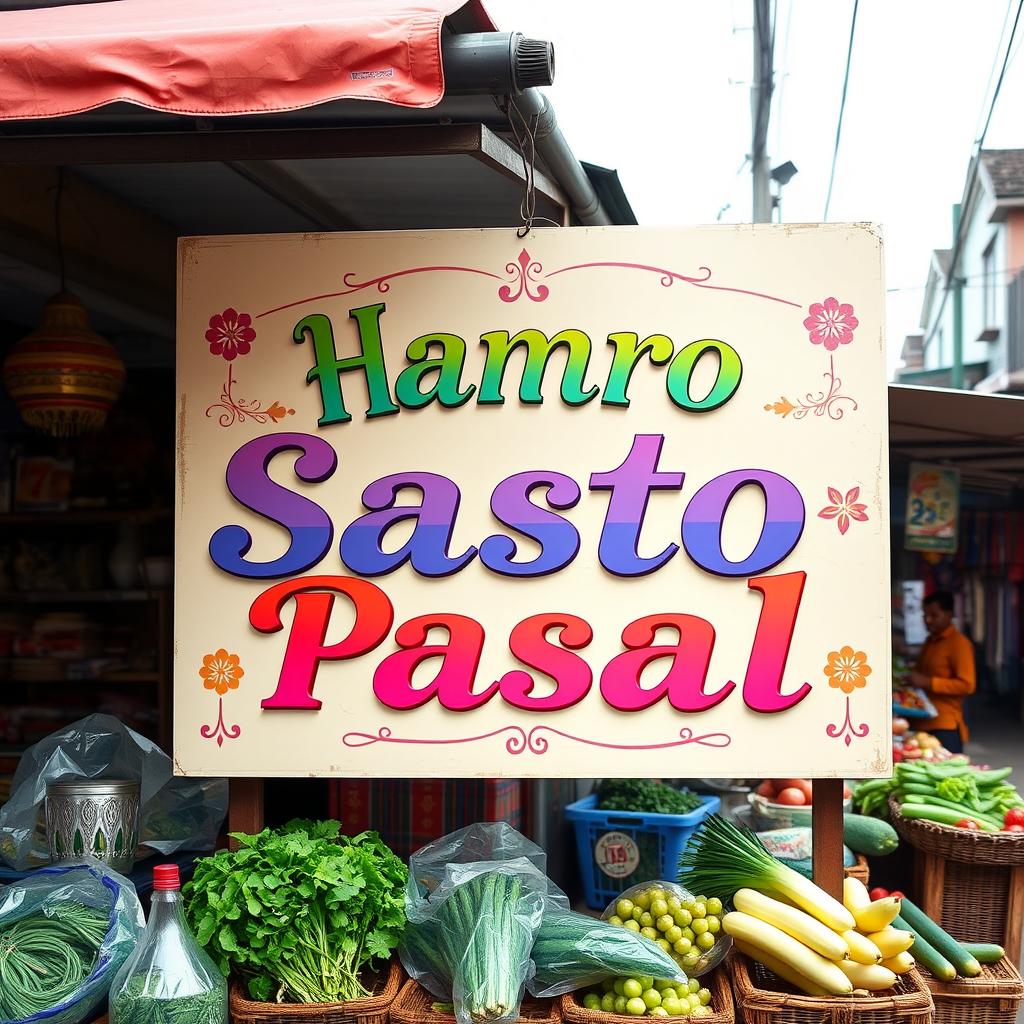 A vibrant and eye-catching shop board featuring the words 'Hamro Sasto Pasal' elegantly painted in bold, colorful letters