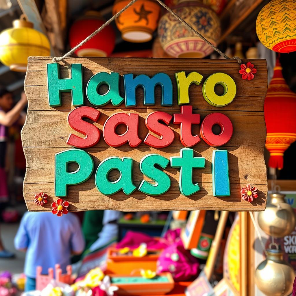 A shop sign displaying the text 'Hamro Sasto Pasal' in bold, vibrant colors