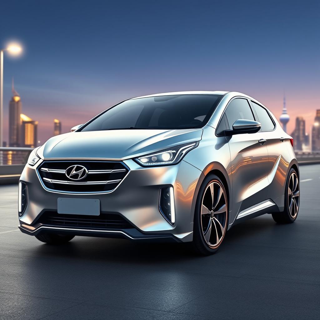 A futuristic car design that combines elements of a Hyundai Pride and a Mercedes-Benz, showcasing a sleek, aerodynamic shape with elegant lines