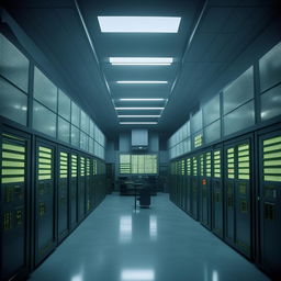 The data control room of a maximum-security penitentiary, incorporating design elements from the architecture shown in the provided link.