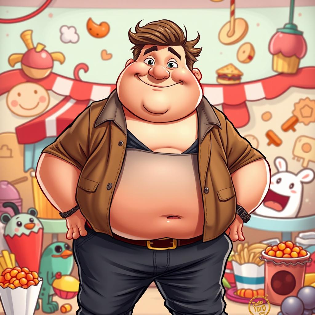 A whimsical and humorous portrait of a plump version of a fictional character resembling a well-known action star, set against a colorful, cartoonish background