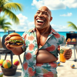 A humorous and exaggerated depiction of Dwayne Johnson, known as 'The Rock', in a light-hearted setting