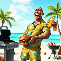 A humorous and exaggerated depiction of Dwayne Johnson, known as 'The Rock', in a light-hearted setting