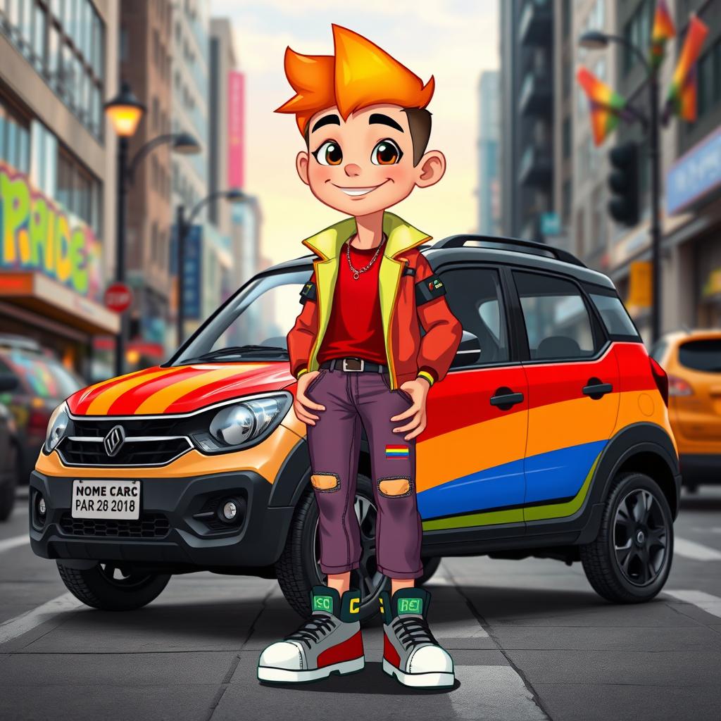 Imagine a humanized version of a car, illustrating the unique features and characteristics of a Pride car as if it were a person