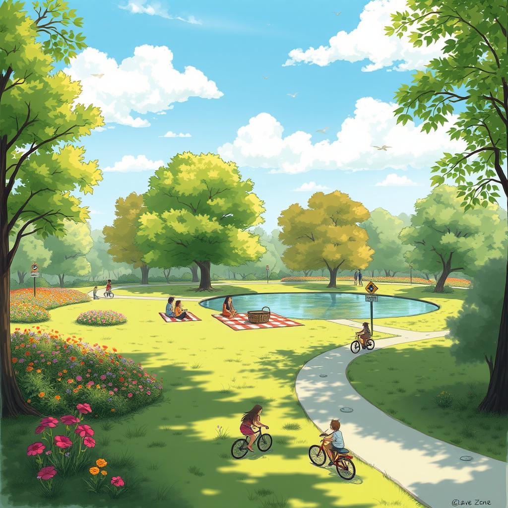 A detailed artistic sketch of a 'save zone' concept, featuring a serene park-like environment surrounded by vibrant green trees, colorful flowers, and a peaceful pond