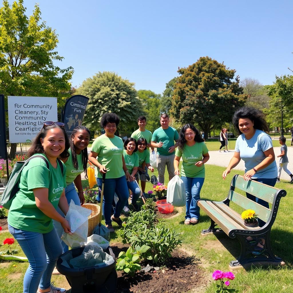 A vibrant scene depicting a diverse group of volunteers engaging in community cleaning