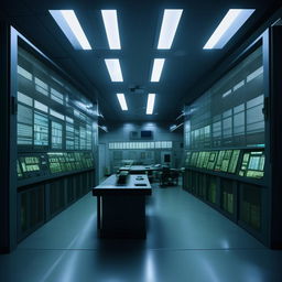 The data control room of a maximum-security penitentiary, incorporating design elements from the architecture shown in the provided link.