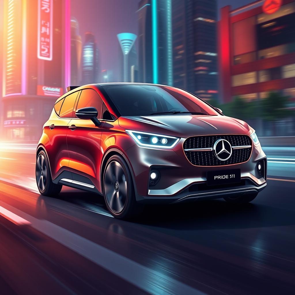 A unique vehicle concept combining the features of a Pride 131 and a Mercedes-Benz, showcasing the sleek, luxurious exterior of the Benz seamlessly merged with the compact design of the Pride 131