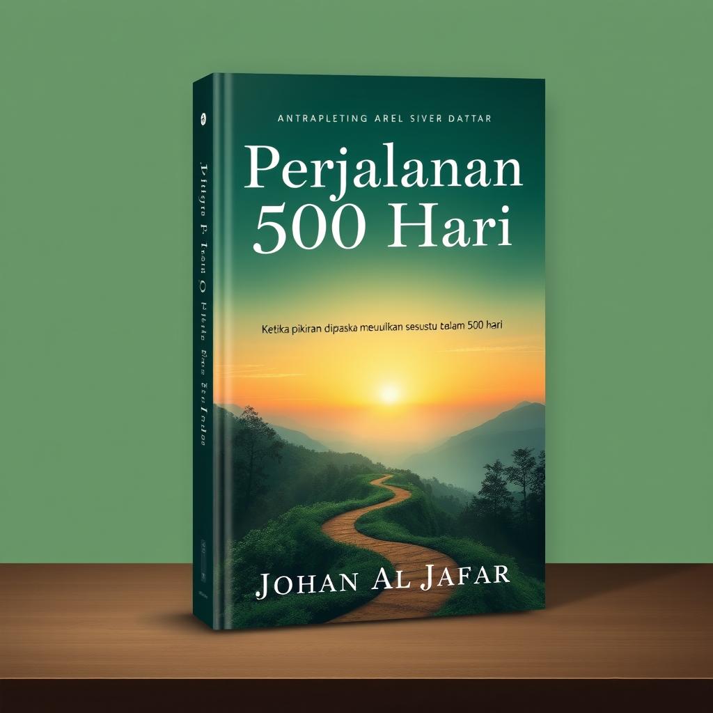 A captivating book cover design for titled "Perjalanan 500 Hari" with a subtitle "ketika pikiran dipaksa menuliskan sesuatu dalam 500 hari" by author "Johan Al Jafar"