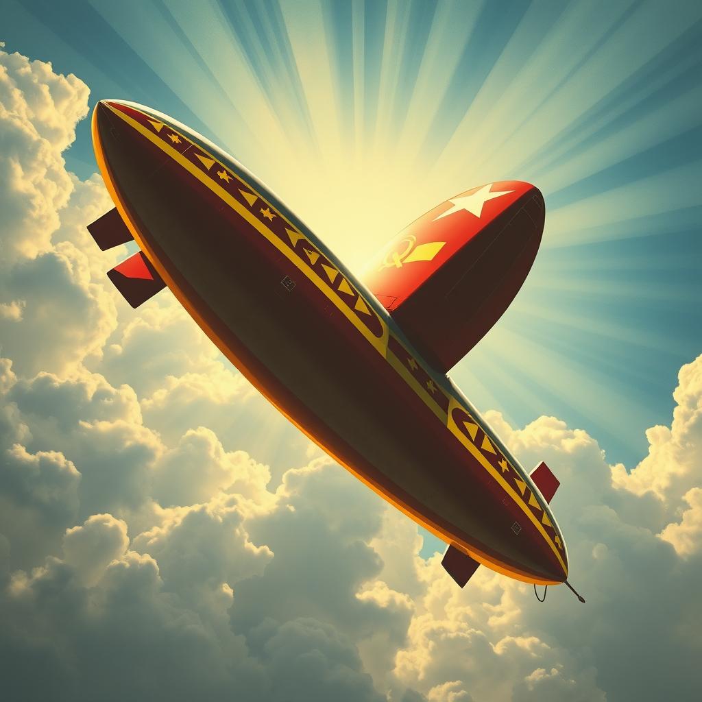 A large, powerful-looking airship soaring majestically into the sky, embodying the strength and ambition of Soviet-era designs
