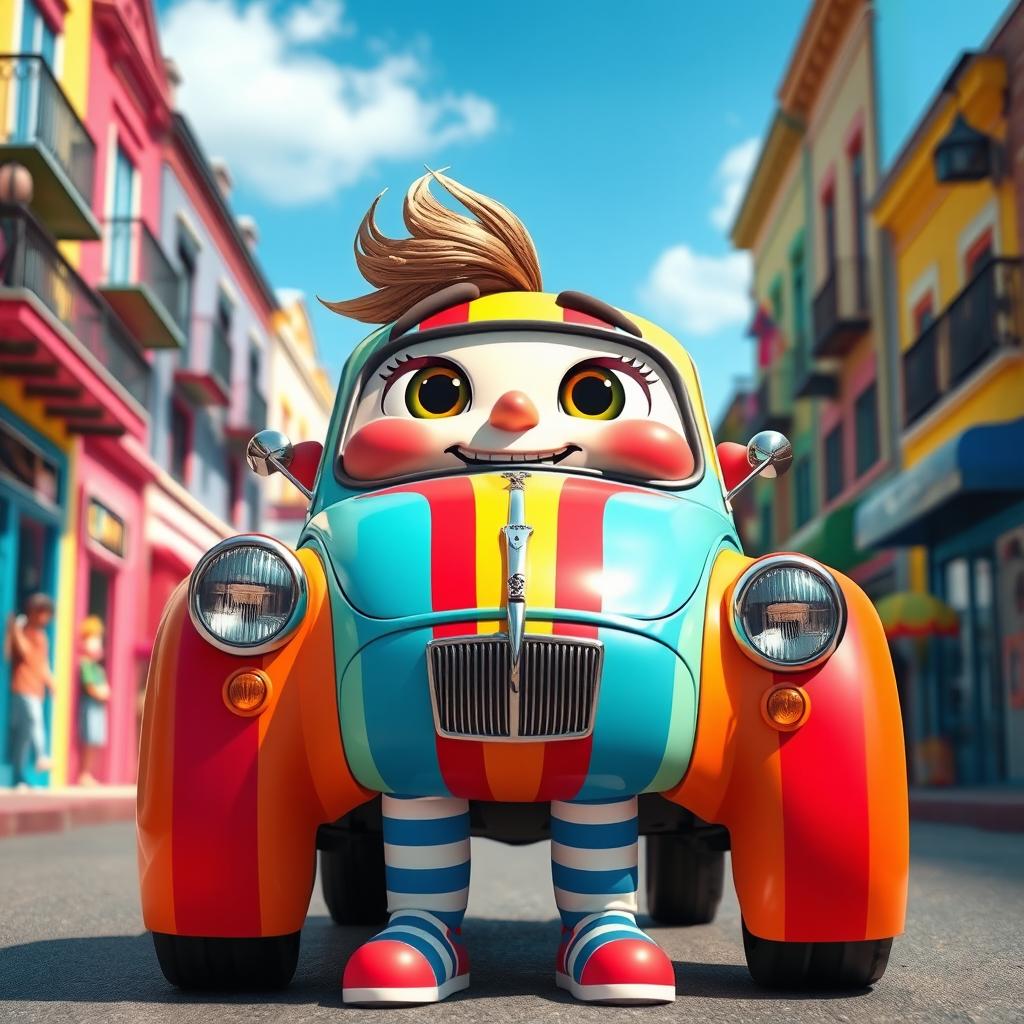 A whimsical portrayal of a humanized version of a Pride 131 car, featuring a character with playful expressions and vibrant colors