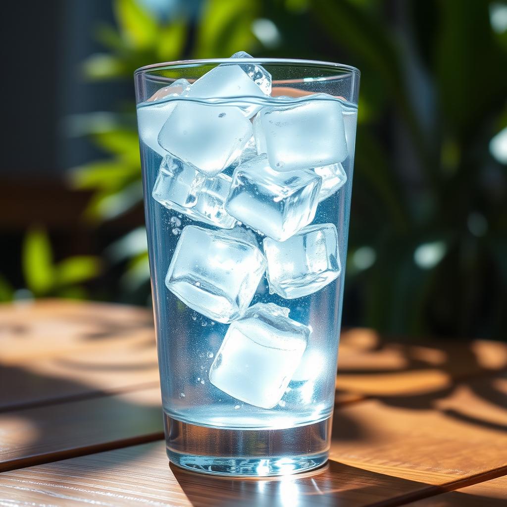A glass filled with refreshing water and ice cubes, showcasing the vibrant clarity of the water with melting ice