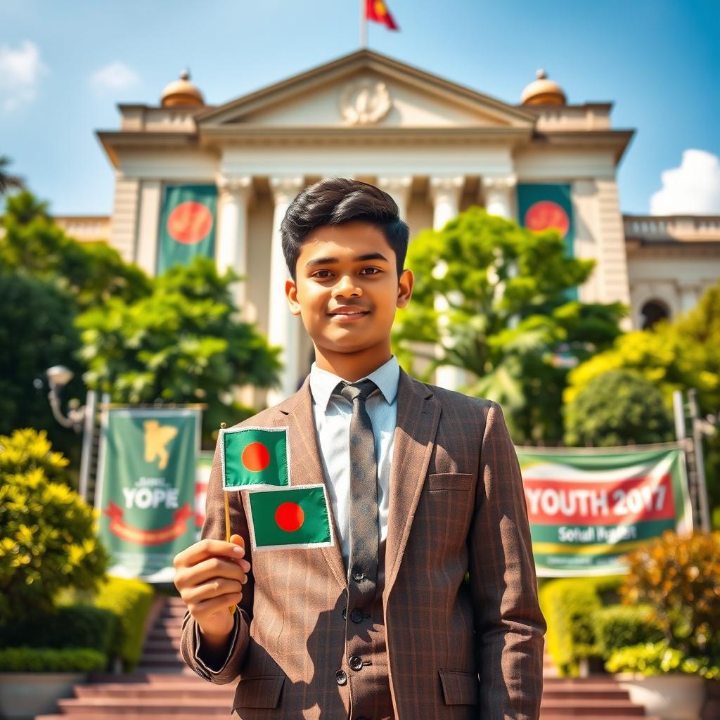 A striking portrait of the student leader of the Bangladesh Youth Parliament, standing confidently in front of a historic building that symbolizes democracy in Bangladesh