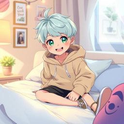 A vibrant anime style illustration featuring a young boy with mint pastel colored hair and shining green eyes