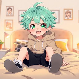 A vibrant anime style illustration featuring a young boy with mint pastel colored hair and shining green eyes