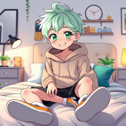A vibrant anime style illustration featuring a young boy with mint pastel colored hair and shining green eyes