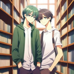 This is a high-quality 3D digital art image, capturing a romantic scene between two handsome anime-style high school boys in a library