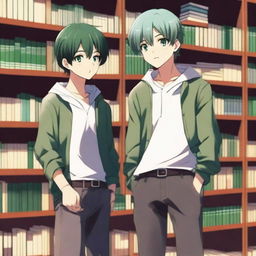 This is a high-quality 3D digital art image, capturing a romantic scene between two handsome anime-style high school boys in a library