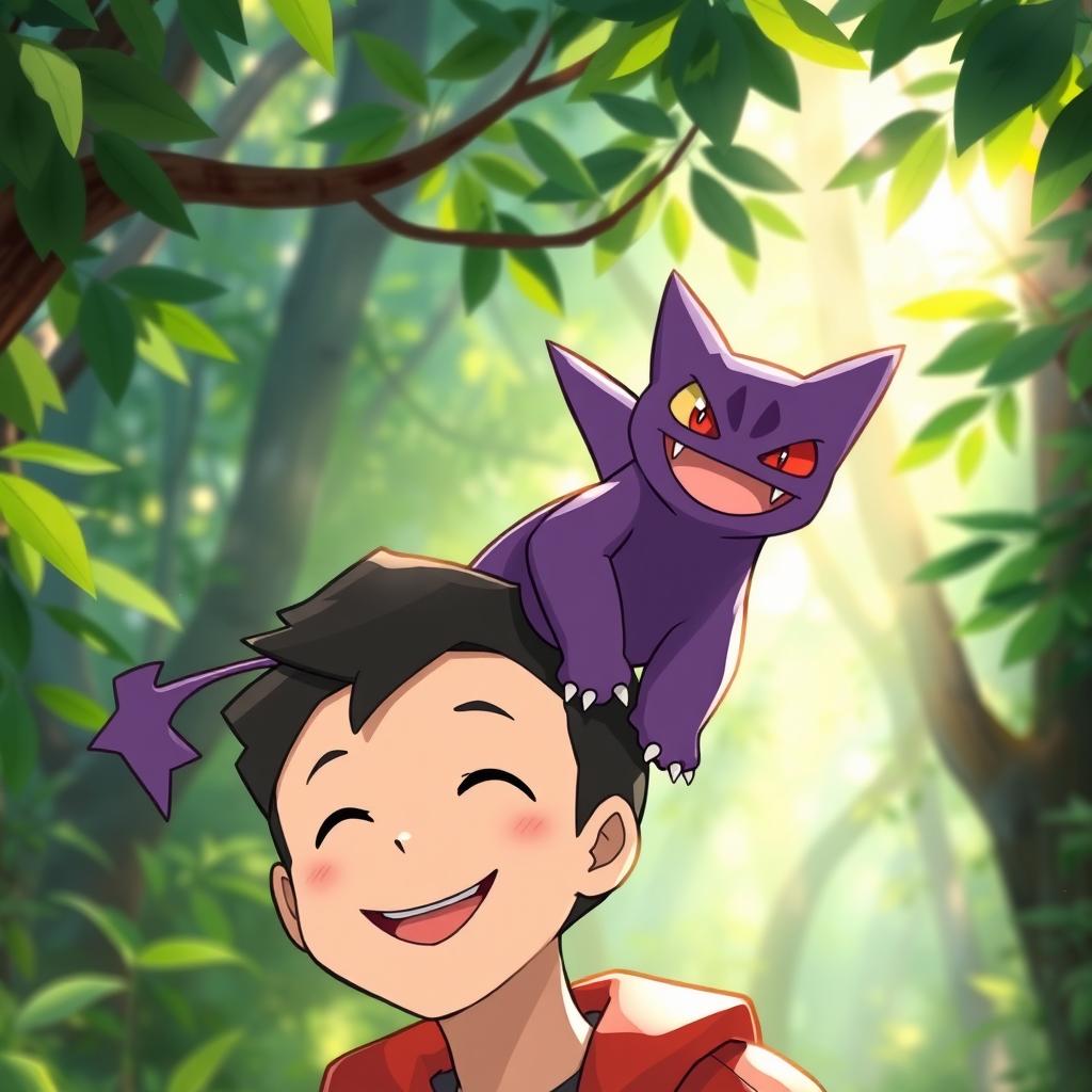 A whimsical scene featuring a playful Gengar, the ghostly Pokémon, perched cheerfully on the shoulder of a person