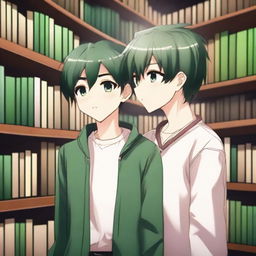 This is a high-quality 3D digital art image, capturing a romantic scene between two handsome anime-style high school boys in a library