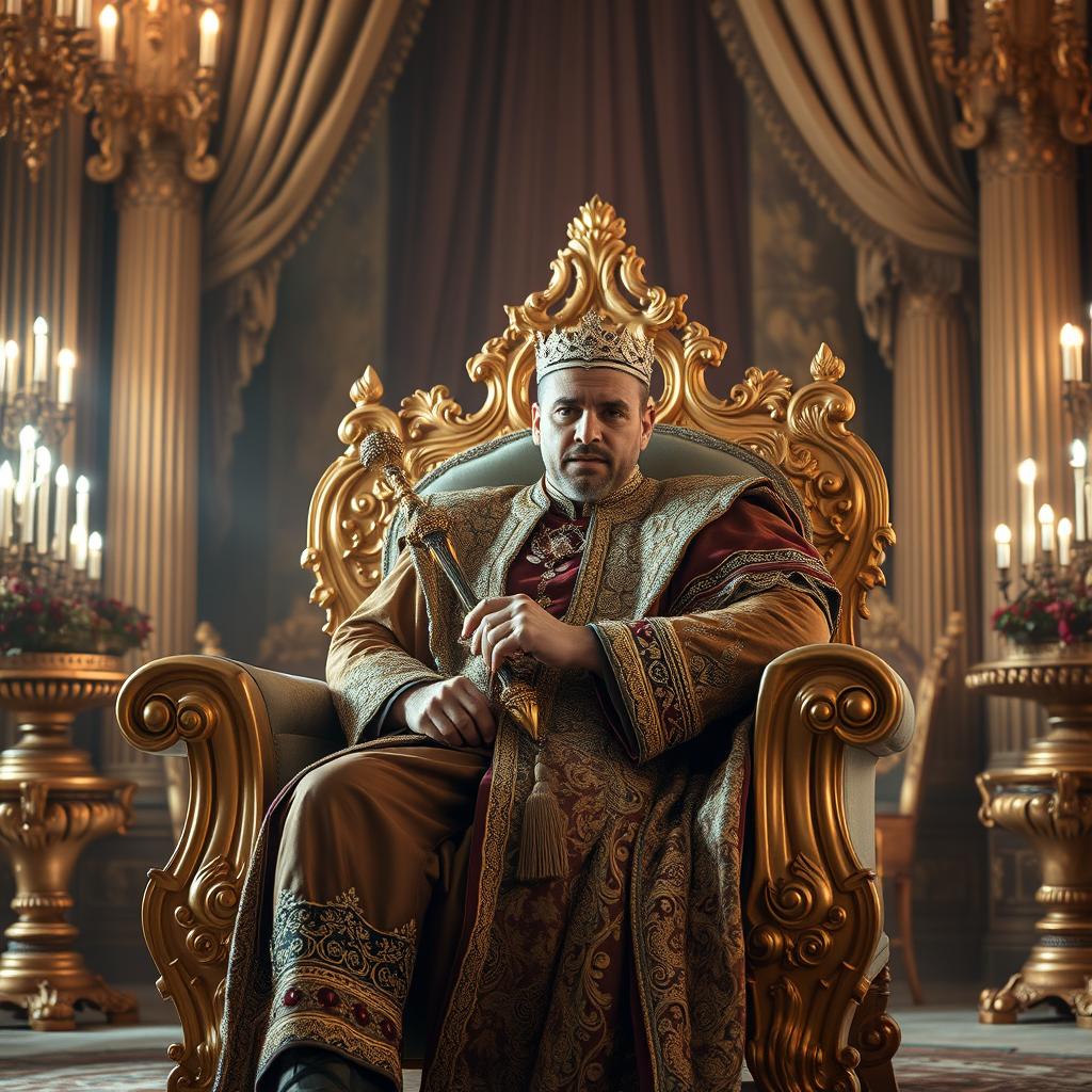 A regal scene featuring a man sitting confidently on a luxurious golden throne