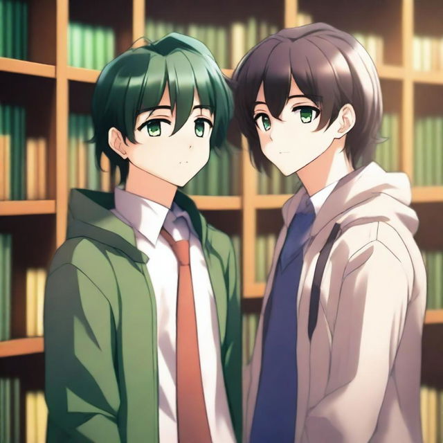 This is a high-quality 3D digital art image, capturing a romantic scene between two handsome anime-style high school boys in a library