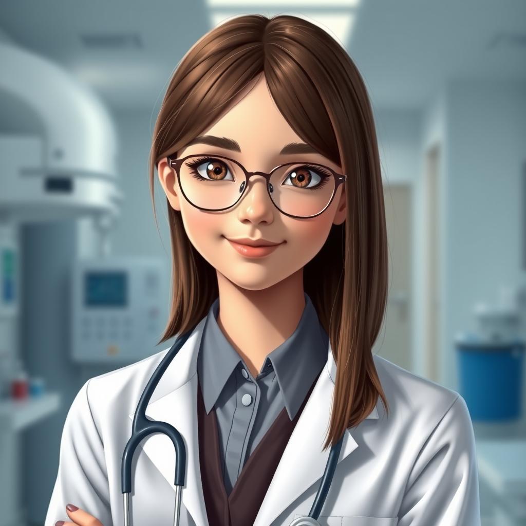 A 20-year-old girl with straight, shoulder-length brown hair and light brown (hazel) eyes, wearing a formal outfit with a medical coat and a stethoscope