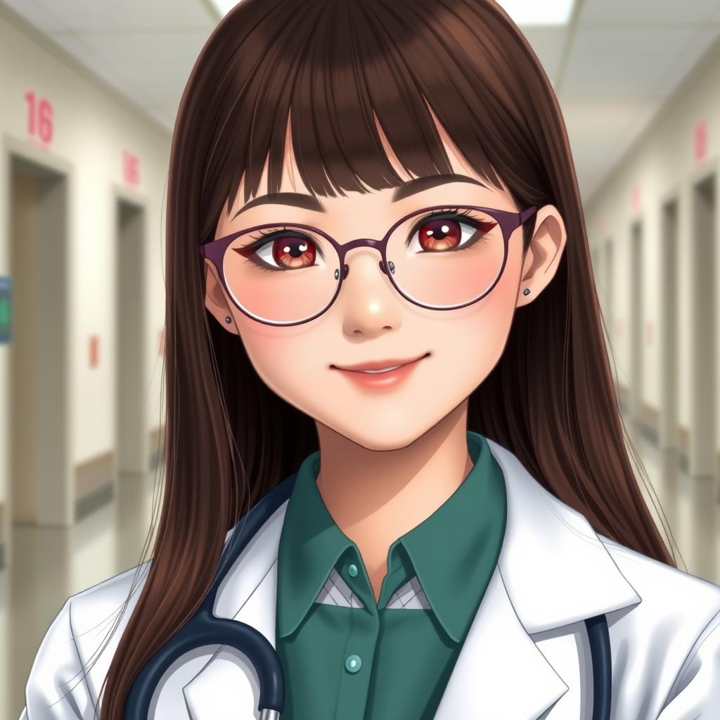 A 20-year-old girl with straight brown hair that reaches her shoulders, wearing formal attire along with a medical coat and a stethoscope