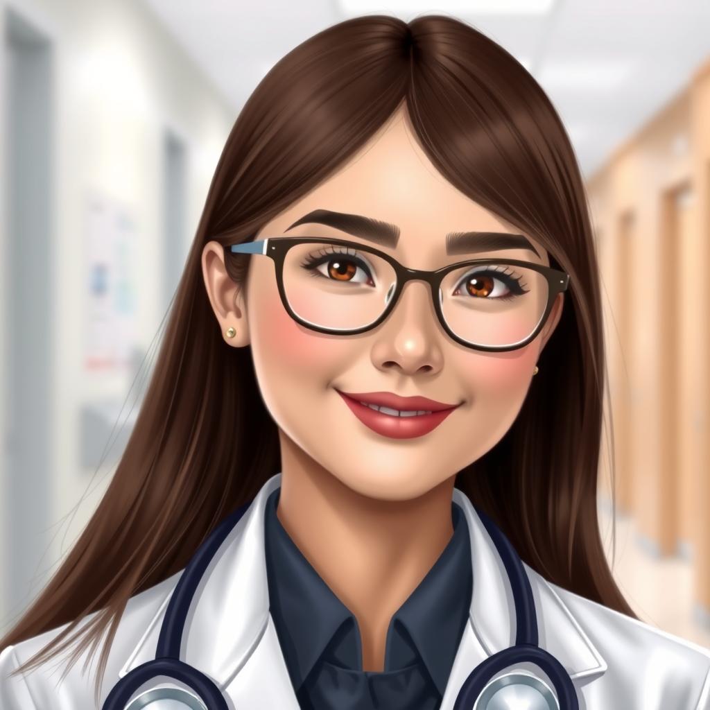A 20-year-old woman with straight, glossy brown hair reaching her shoulders, and light brown (hazel) eyes