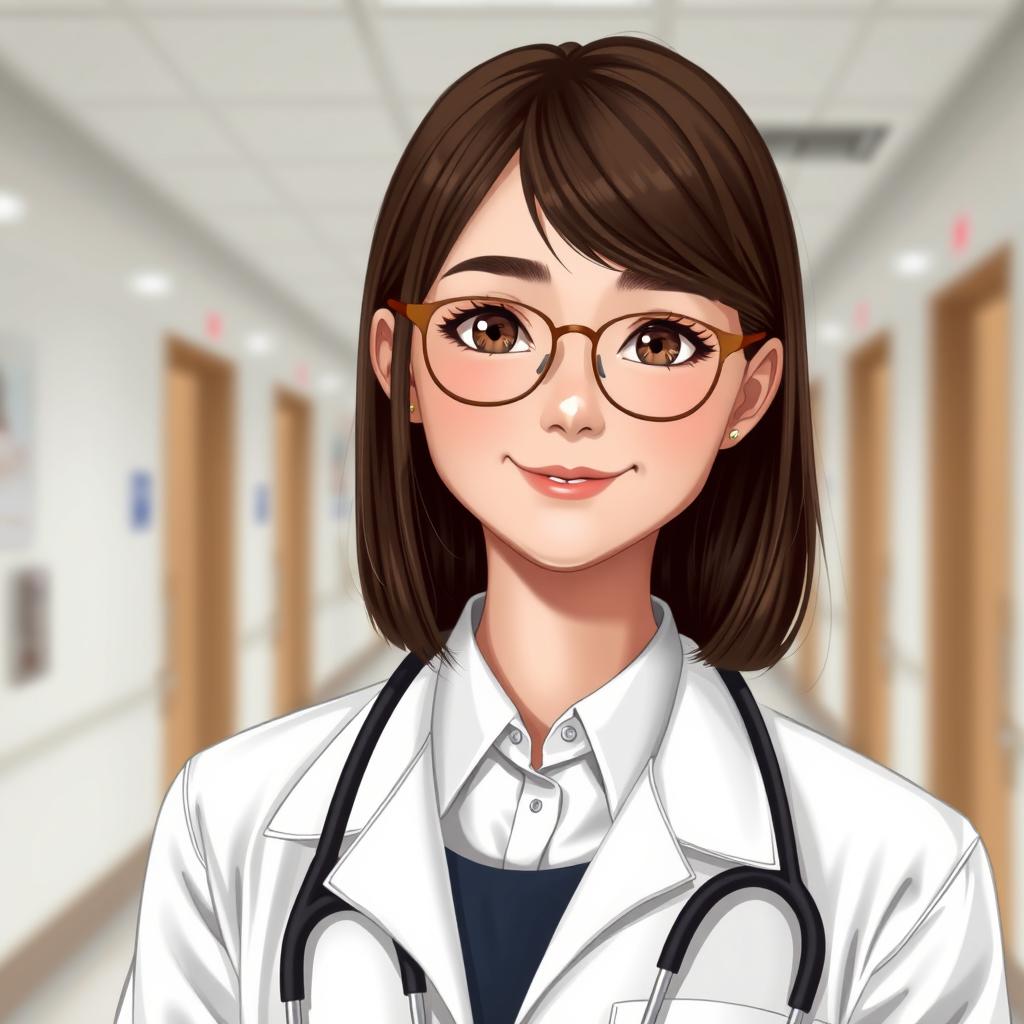 A 20-year-old girl with straight, shoulder-length brown hair and light brown, hazel eyes