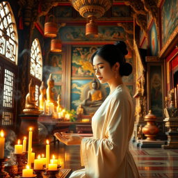 A beautiful and serene depiction of a picturesque Buddhist temple interior, filled with intricate designs and peaceful ambiance