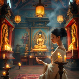 A beautiful and serene depiction of a picturesque Buddhist temple interior, filled with intricate designs and peaceful ambiance