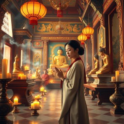 A beautiful and serene depiction of a picturesque Buddhist temple interior, filled with intricate designs and peaceful ambiance