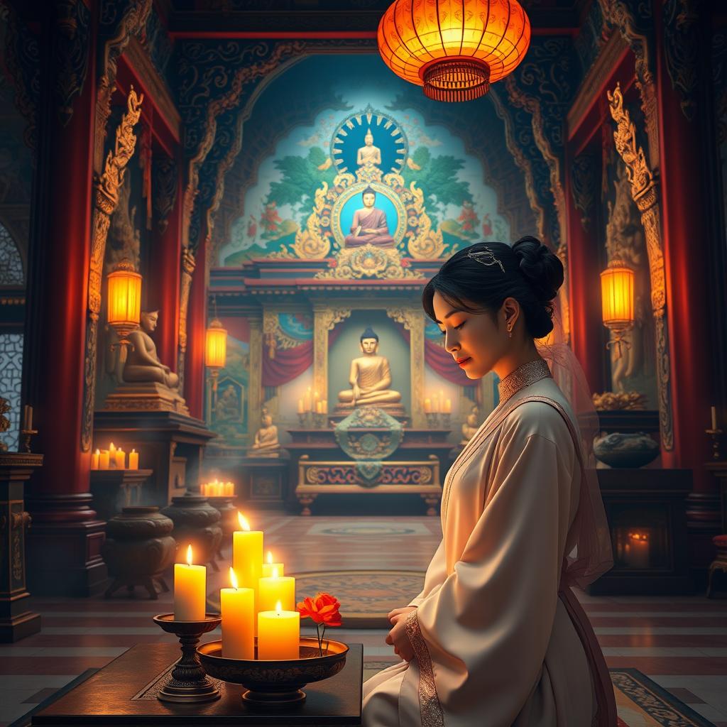 A beautiful and serene depiction of a picturesque Buddhist temple interior, filled with intricate designs and peaceful ambiance