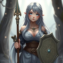 Innocent shy busty human girl cleric healer, showcasing her long ash-grey hair cascading down her back, bright blue eyes sparkling with kindness, and a round, gentle face reflecting her shy demeanor