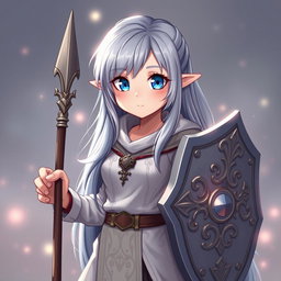 Innocent shy busty human girl cleric healer, showcasing her long ash-grey hair cascading down her back, bright blue eyes sparkling with kindness, and a round, gentle face reflecting her shy demeanor