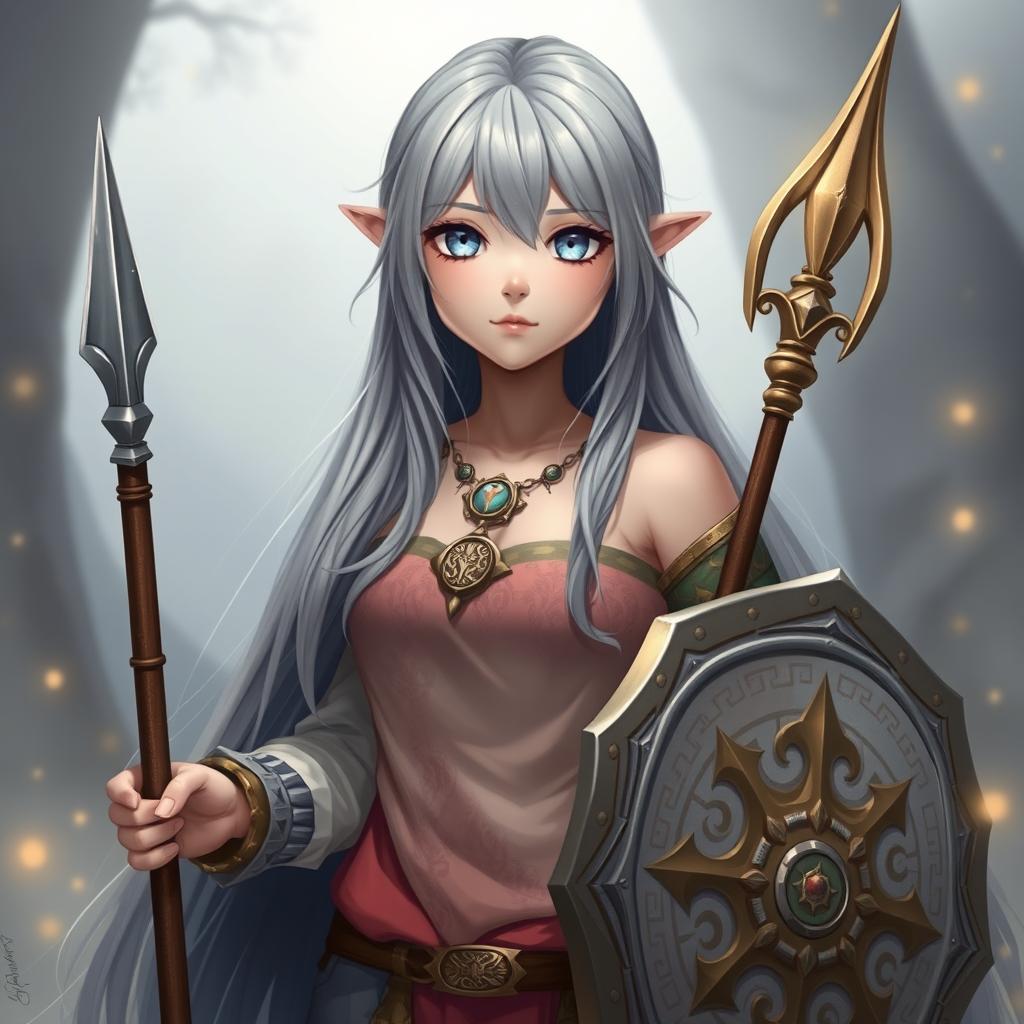 Innocent shy busty human girl cleric healer, showcasing her long ash-grey hair cascading down her back, bright blue eyes sparkling with kindness, and a round, gentle face reflecting her shy demeanor