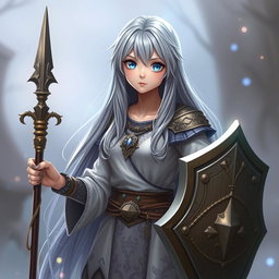 Innocent shy busty human girl cleric healer, showcasing her long ash-grey hair cascading down her back, bright blue eyes sparkling with kindness, and a round, gentle face reflecting her shy demeanor