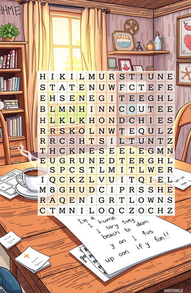 A detailed illustration of a word search puzzle, featuring a grid filled with letters and various hidden words