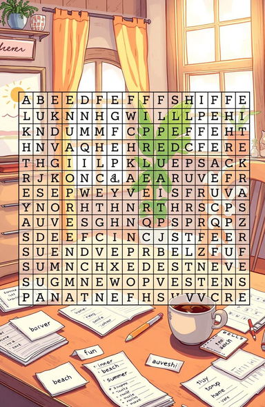 A detailed illustration of a word search puzzle, featuring a grid filled with letters and various hidden words
