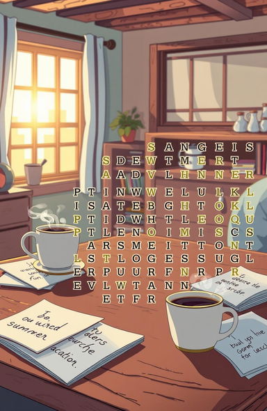 A detailed illustration of a word search puzzle, featuring a grid filled with letters and various hidden words