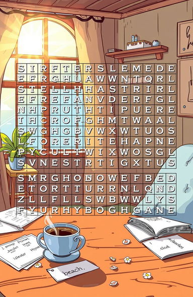 A detailed illustration of a word search puzzle, featuring a grid filled with letters and various hidden words
