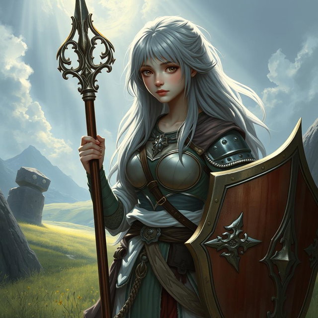 An innocent human girl cleric healer with long ash grey hair, featuring large breasts, holding a shield and a one-handed spear