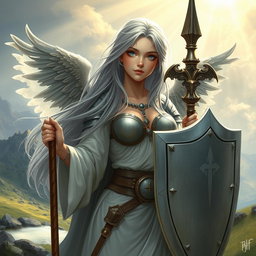An innocent human girl cleric healer with long ash grey hair, featuring large breasts, holding a shield and a one-handed spear
