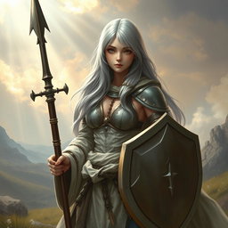 An innocent human girl cleric healer with long ash grey hair, featuring large breasts, holding a shield and a one-handed spear