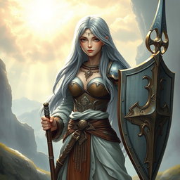 An innocent human girl cleric healer with long ash grey hair, featuring large breasts, holding a shield and a one-handed spear