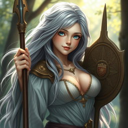 A realistic depiction of an innocent human girl cleric healer, characterized by her long ash grey hair flowing gently, very large breasts that are proportionately sized to her youthful figure, and bright blue eyes that reflect kindness and compassion