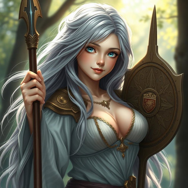 A realistic depiction of an innocent human girl cleric healer, characterized by her long ash grey hair flowing gently, very large breasts that are proportionately sized to her youthful figure, and bright blue eyes that reflect kindness and compassion