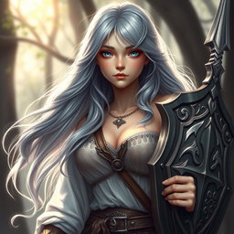 A realistic depiction of an innocent human girl cleric healer, characterized by her long ash grey hair flowing gently, very large breasts that are proportionately sized to her youthful figure, and bright blue eyes that reflect kindness and compassion